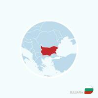 Map icon of Bulgaria. Blue map of Europe with highlighted Bulgaria in red color. vector