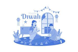 Indian Boy And Mother Holding Oil Lamps For Diwali Celebration vector