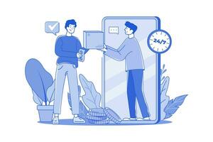 The Man Receives The Goods From The Delivery Man Through The Phone Screen vector