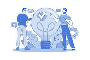 Two Guys Came Up With An Idea By Pointing At A Big Light Bulb vector