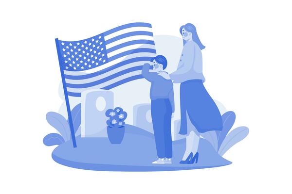 The Boy And Mother Visit The Grave Of His Father Who Is A Veteran