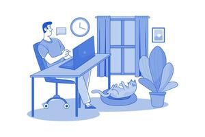 Guy Sitting At A Table On The Laptop At Home vector