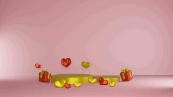 Valentine's day sale luxury gold podium with heart and gift box pink background 3d illustration empty display scene video