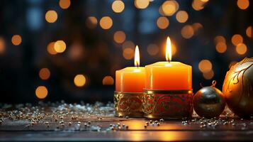 Beautiful candles and Christmas tree toys and decorations for New Year and Christmas photo