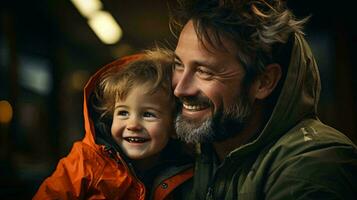 Father and son smile and laugh joyfully, father hugs his son, concept of fatherly love and education photo