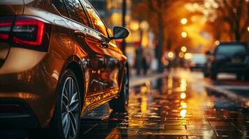 Rear and side view of a car on the roadside at sunset in a big city photo