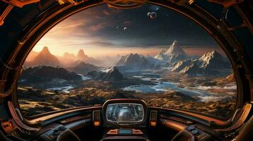 View from inside the cabin of a futuristic spaceship on an exotic alien planet photo