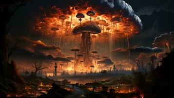 Mushroom of a nuclear explosion of a large powerful atomic bomb. Concept war and apocalypse end of the world photo