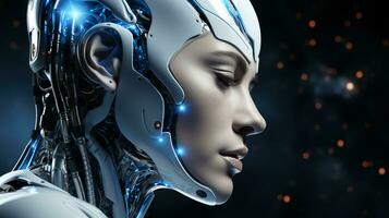 Beautiful face of a futuristic hi-tech cyborg robot woman. Connecting man and computer with artificial intelligence in the future of humanity photo