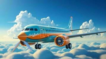 Bright cartoon 3D plane flies in the sky with clouds, vacation and travel concept photo