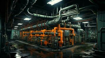 Many iron pipes and pipelines with valves and chemical industrial equipment in the workshop at the factory photo