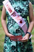 un embarazada indio dama poses para al aire libre el embarazo disparar y manos en barriga, indio embarazada mujer pone su mano en su estómago con un maternidad vestir a sociedad parque, embarazada fuera de maternidad disparar foto