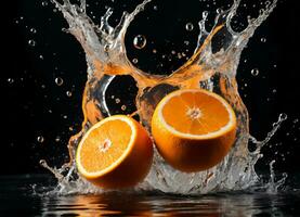 Orange fruits falling in the water splashes AI Generative photo