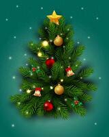 christmas tree realistic vector decoration with green gradient background