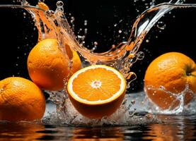 Orange fruits falling in the water splashes AI Generative photo