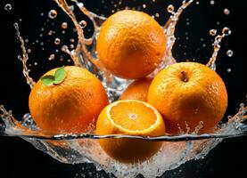 naranja frutas que cae en el agua salpicaduras ai generativo foto