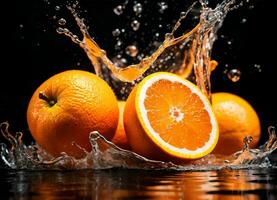 naranja frutas que cae en el agua salpicaduras ai generativo foto