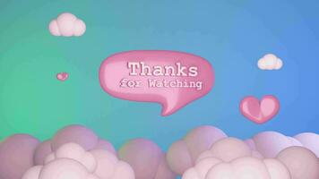 THANKS FOR WATCHING cute pink text glossy with blue sky background. 4K 3D render seamless loop for youtube channel outro background. video