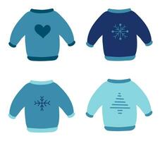 Collection of winter sweaters with different designs. Vector flat illustration.