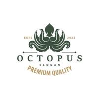 Octopus Logo, Old Retro Vintage Design Ocean Animal Vector Tentacle Illustration Template