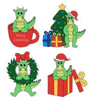 Set of cartoon Christmas and New Year Dragon characters. Cute Dragon in cup and in gift box, wreath, Christmas tree. Vector flat illustration.