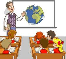 vector illustration of teacher and students teaching classroom.teaching the formation and structure of the world