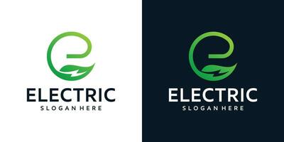 Electric logo design template. Initial letter E with nature leaf and lightning design graphic vector illustration. Symbol, icon, creative.