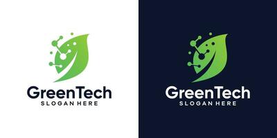 Green tech logo design template. leaf with digital data technology design graphic vector illustration. Symbol, icon, creative.