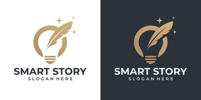 Smart story logo design template. Light bulb idea logo with feather design graphic vector illustration. Symbol, icon, creative.