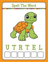 Spelling word scramble game Educational activity for kids with word Turtle vector