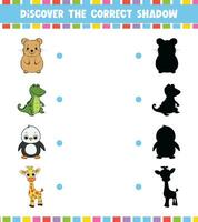 Discover The Correct Shadow education game for children with Cute Wild Animal vector