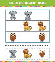 Education game for children Fill In The Correct Image with Cute Animal vector