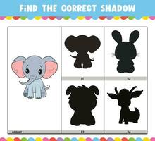 Find the correct shadow educational shadow match game worksheet for kids cartoon vector illustration