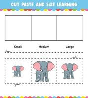 Learning sizes Cut and Paste easy activity worksheet game for children with Cute Animal vector