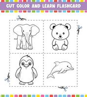 cortar color y aprender tarjeta de memoria flash actividad colorante libro para niños con linda dibujos animados personaje vector