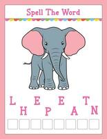 Spelling word scramble game Educational activity for kids with word Elephant vector