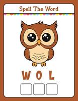 Spelling word scramble game Educational activity for kids with word Owl vector