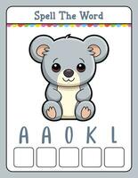 Spelling word scramble game Educational activity for kids with word Koala vector