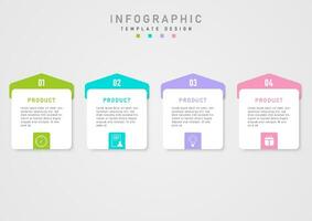 Infographic template with simple multi-colored acute angle squares on top and numbers in the middle above, white squares with letters in the middle. White icons below a gray gradient background. vector