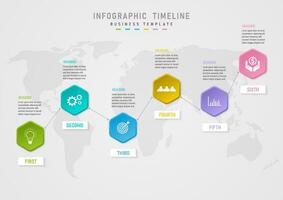 Infographic 6 steps business options hexagonal multi-colored line in the middle with icons, lines and dots in between, bottom square with letters on top, map text on bottom, gray gradient background. vector