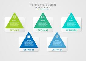 Infographic template 5 business planning options multi colored triangle Icon and white letters in the center The bottom gray gradient squaretters below the gray gradient background. vector