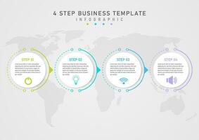 Infographic template with simple 4 steps business White circle with text and icons. Multi-colored outer outline. Underneath there is a gray gradient background map for marketing, planning, products. vector