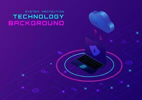 3d protection technology Logging into the cloud computer data exchange system using a laptop with fingerprint scanning. Icons and circuits below the left corner have space to place text. vector