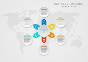 Infographic 6 steps business planning, hexagonal button in the middle with letters above. Multi-colored acute-angled squares below Around the outside there is a circle and a letter in the middle. vector