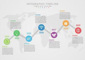 7 year time line infographic. Gray line graph with multi colored circles above with white icon in the center, year number in the middle. Text above and below The background has a map. vector