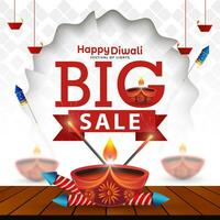 Happy Diwali big sale banner design template with diya oil lamp and crackers. vector