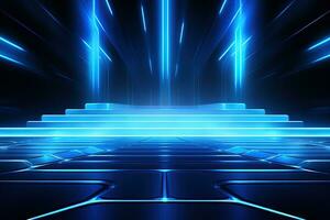 Abstract neon blue background, cyber space, parallel universe, lines, stripes, glow. AI generated photo