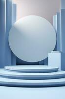 Minimalistic blue podium, stage, product display pedestal, empty, glossy, round. Generative AI photo