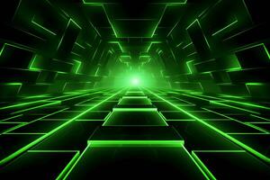 Abstract neon green background, cyber space, parallel universe, lines, stripes, glow. Generative AI photo