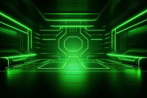 Abstract neon green background, cyber space, parallel universe, lines, stripes, glow. Generative AI photo